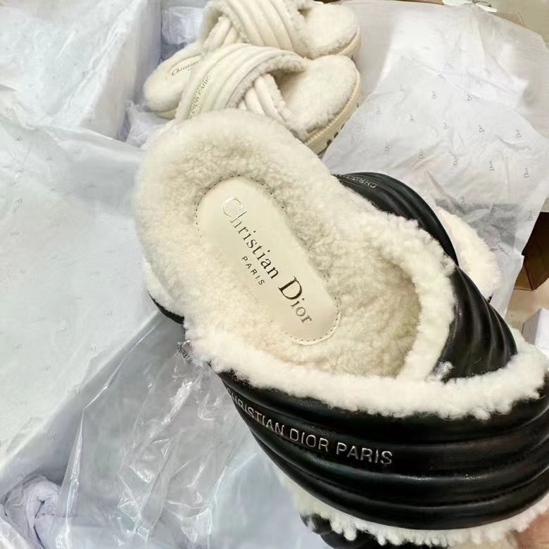 Dior Unisex CD D-Cross Slide Powder Black Lambskin White Shearling