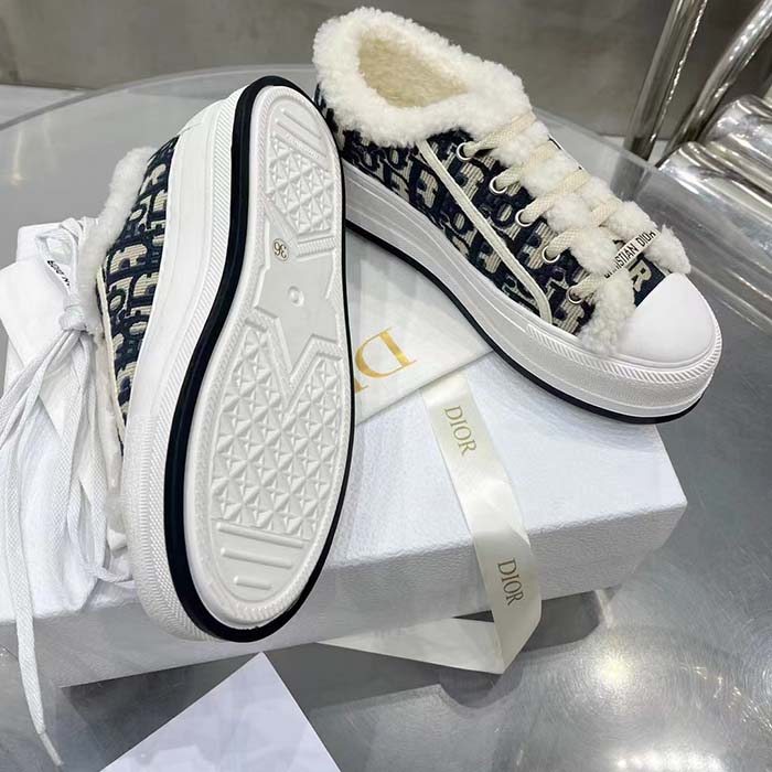 Dior Unisex Shoes CD Walk’N’Dior Platform Sneaker Deep Blue Oblique Embroidered Cotton White Shearling