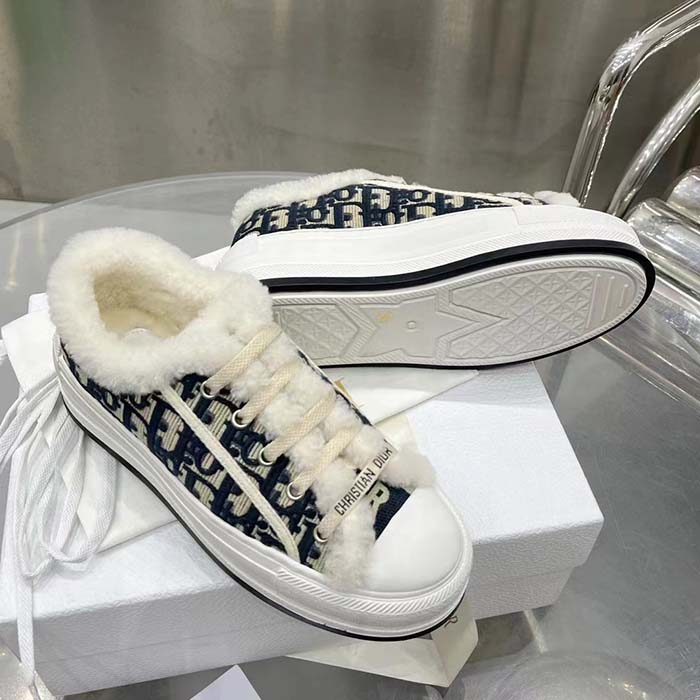 Dior Unisex Shoes CD Walk’N’Dior Platform Sneaker Deep Blue Oblique Embroidered Cotton White Shearling