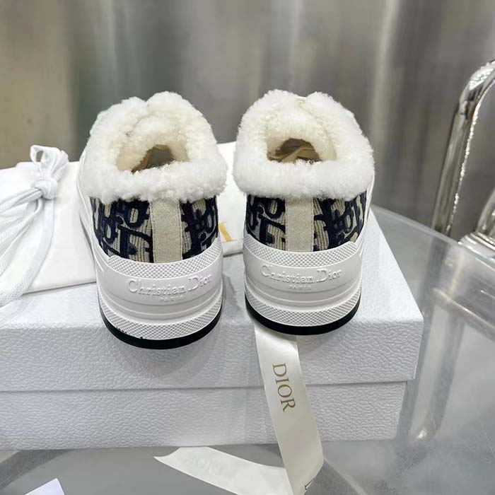 Dior Unisex Shoes CD Walk’N’Dior Platform Sneaker Deep Blue Oblique Embroidered Cotton White Shearling