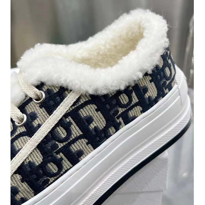 Dior Unisex Shoes CD Walk’N’Dior Platform Sneaker Deep Blue Oblique Embroidered Cotton White Shearling