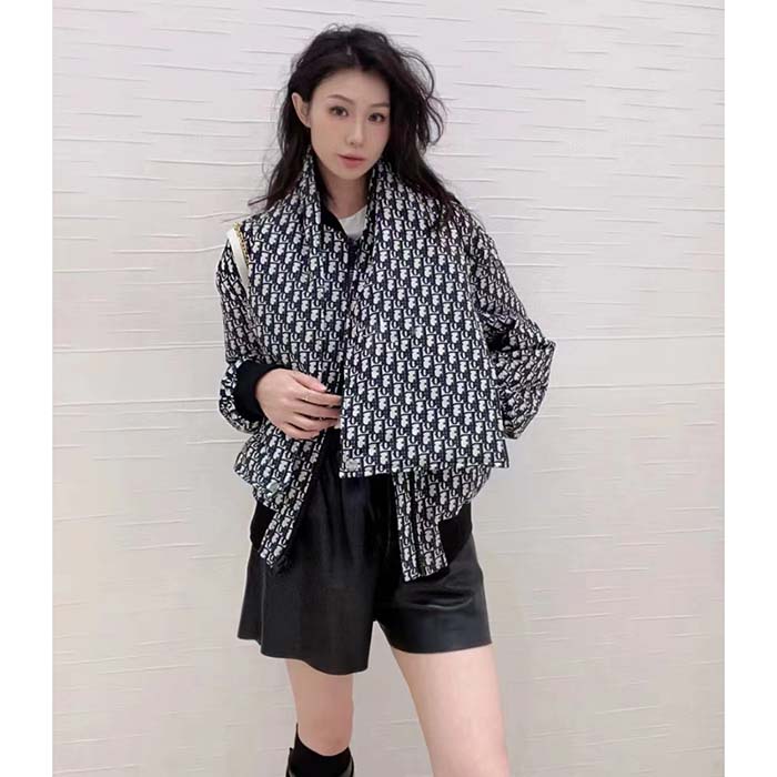 Dior Women CD Bomber Jacket Criss Cross Collar Blue Ecru Technical Taffeta Jacquard Oblique Motif