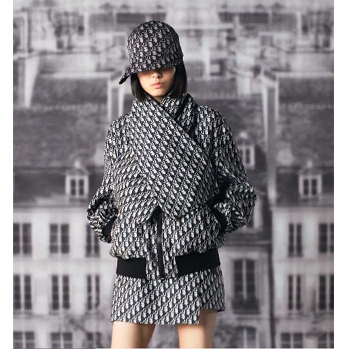 Dior Women CD Bomber Jacket Criss Cross Collar Blue Ecru Technical Taffeta Jacquard Oblique Motif