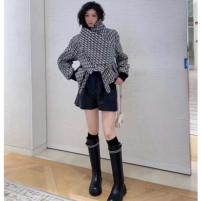 Dior Women CD Bomber Jacket Criss Cross Collar Blue Ecru Technical Taffeta Jacquard Oblique Motif