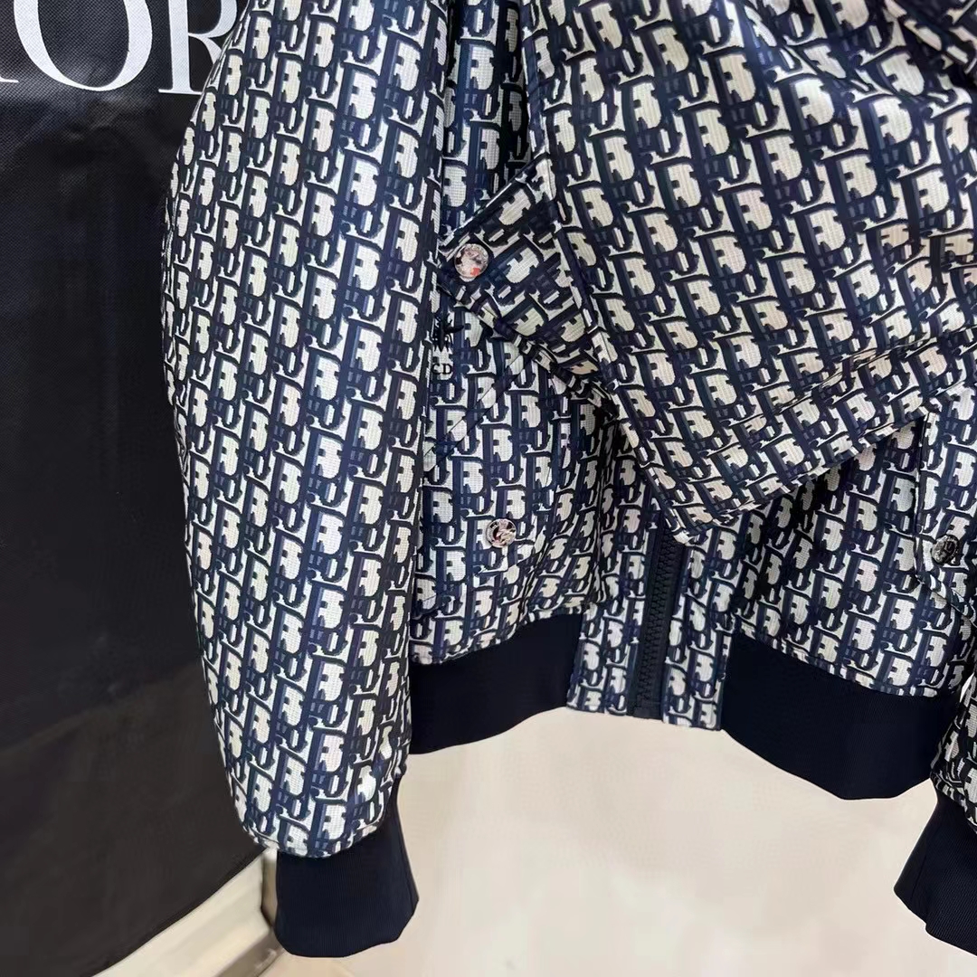 Dior Men CD Bomber Jacket Criss Cross Collar Blue Ecru Technical Taffeta Jacquard Oblique Motif
