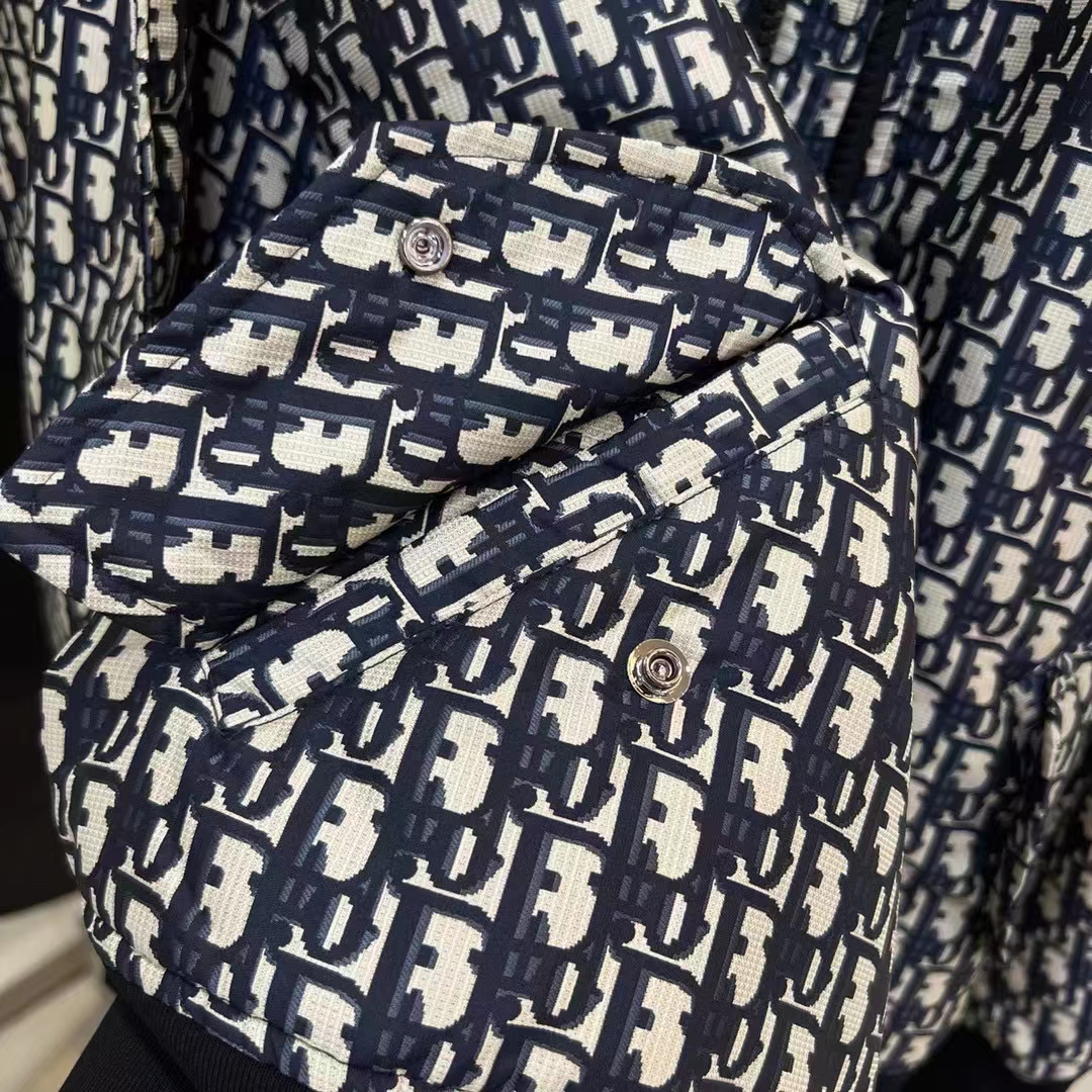 Dior Men CD Bomber Jacket Criss Cross Collar Blue Ecru Technical Taffeta Jacquard Oblique Motif