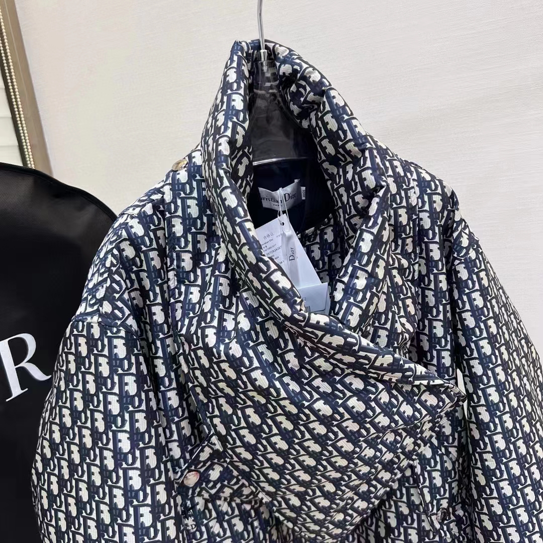 Dior Men CD Bomber Jacket Criss Cross Collar Blue Ecru Technical Taffeta Jacquard Oblique Motif