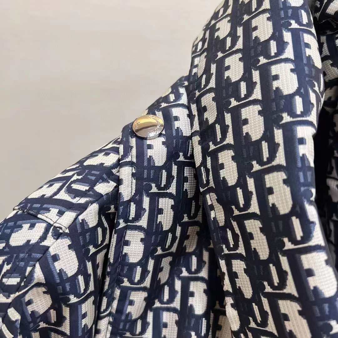 Dior Men CD Bomber Jacket Criss Cross Collar Blue Ecru Technical Taffeta Jacquard Oblique Motif