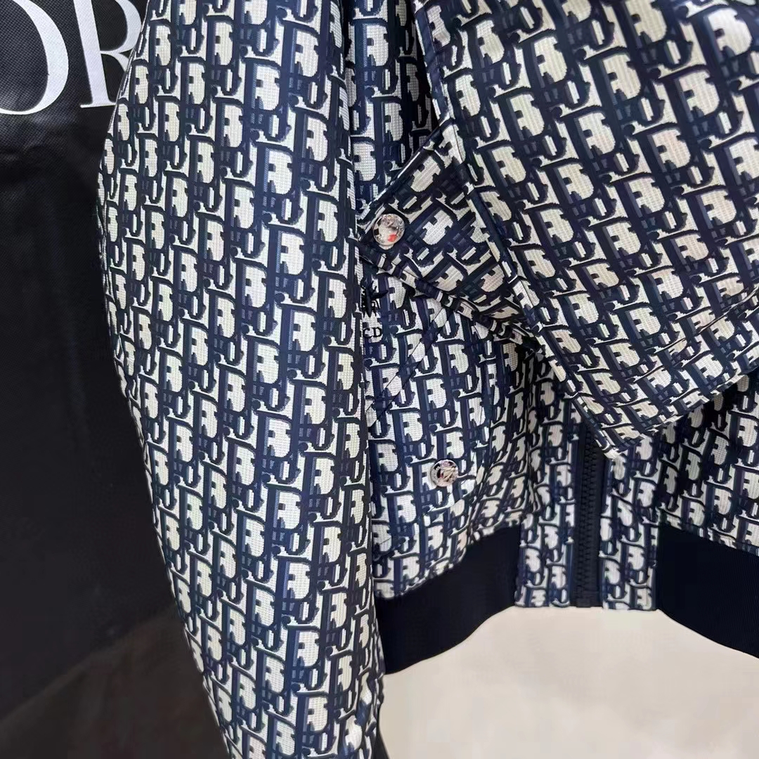 Dior Men CD Bomber Jacket Criss Cross Collar Blue Ecru Technical Taffeta Jacquard Oblique Motif