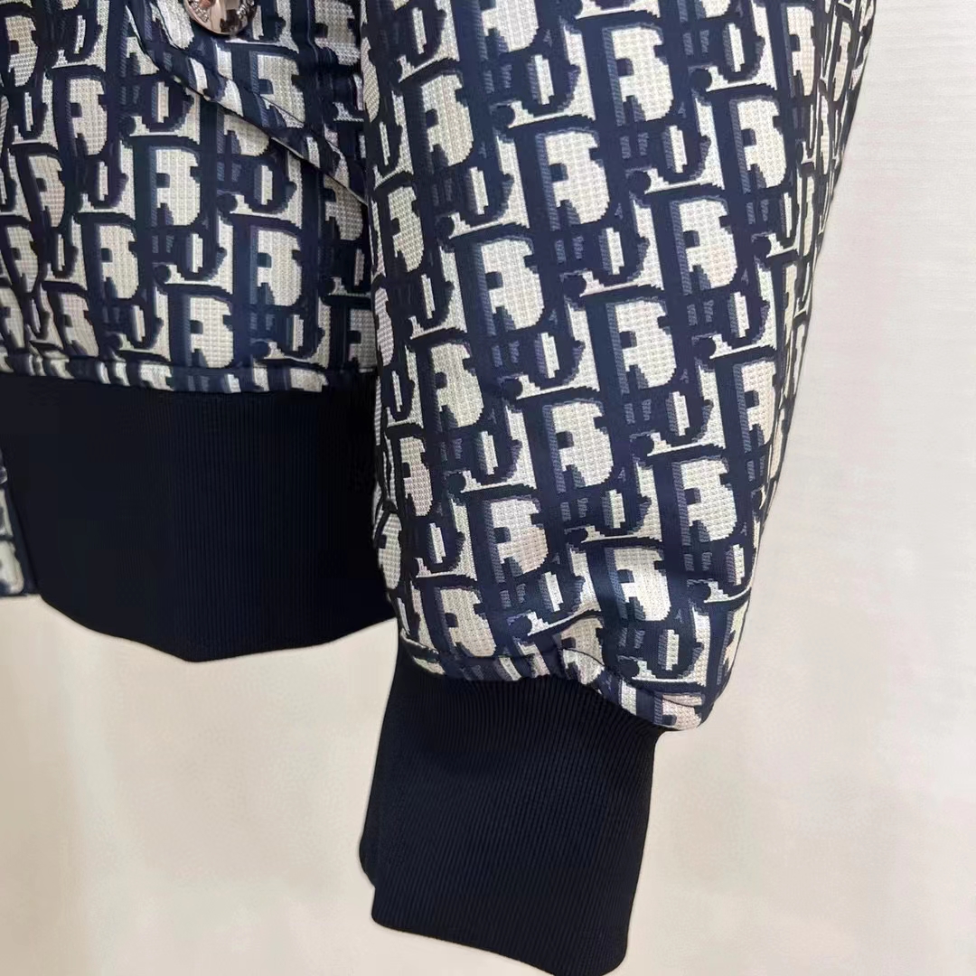 Dior Men CD Bomber Jacket Criss Cross Collar Blue Ecru Technical Taffeta Jacquard Oblique Motif