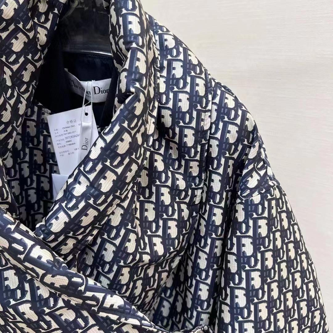 Dior Women CD Bomber Jacket Criss Cross Collar Blue Ecru Technical Taffeta Jacquard Oblique Motif