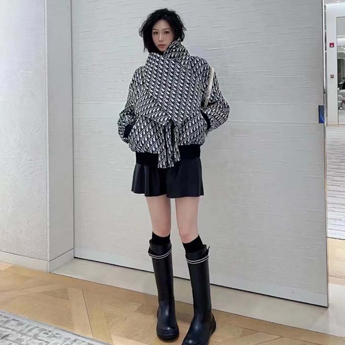 Dior Women CD Bomber Jacket Criss Cross Collar Blue Ecru Technical Taffeta Jacquard Oblique Motif