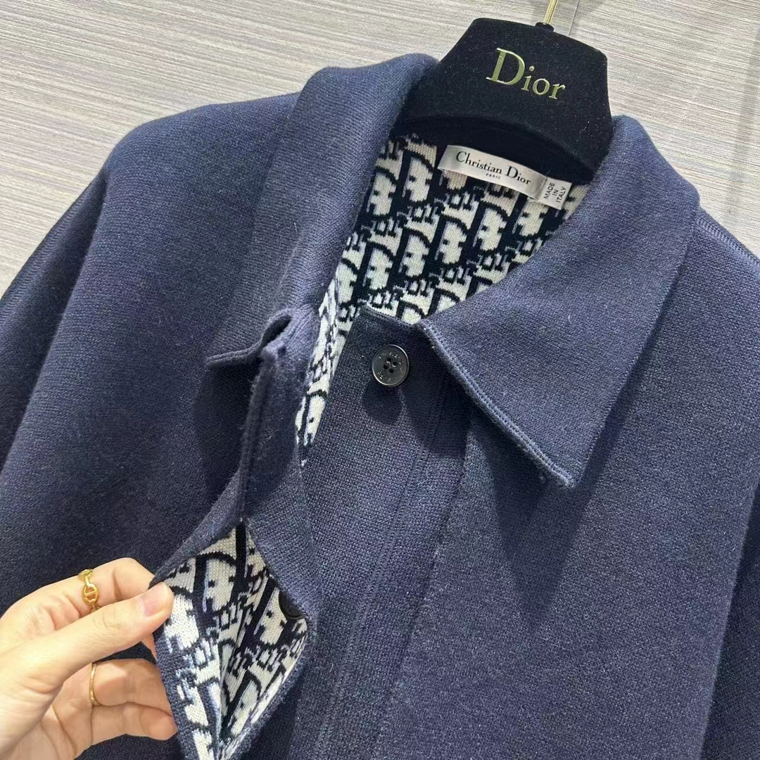 Dior Women CD Cape-Effect Peacoat Navy Blue Double-Sided Virgin Wool Silk Oblique Interior