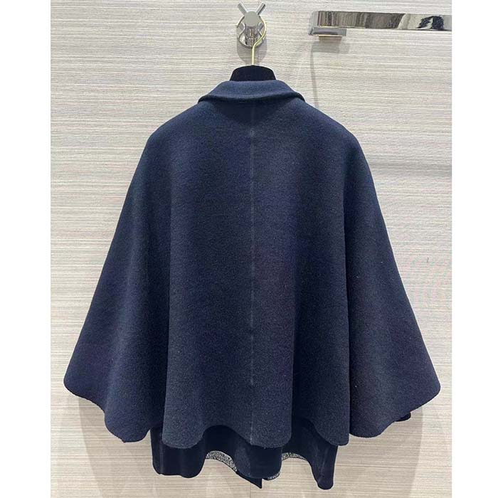 Dior Women CD Cape-Effect Peacoat Navy Blue Double-Sided Virgin Wool Silk Oblique Interior