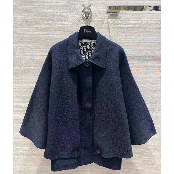 Dior Women CD Cape-Effect Peacoat Navy Blue Double-Sided Virgin Wool Silk Oblique Interior