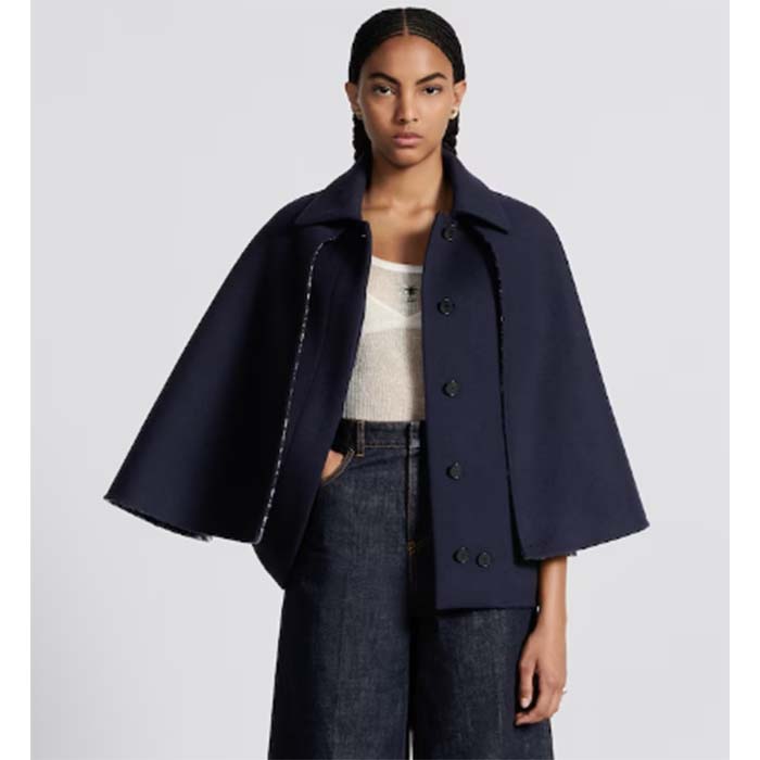 Dior Women CD Cape-Effect Peacoat Navy Blue Double-Sided Virgin Wool Silk Oblique Interior