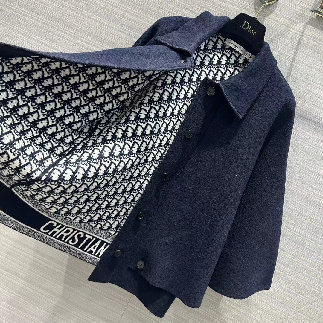 Dior Women CD Cape-Effect Peacoat Navy Blue Double-Sided Virgin Wool Silk Oblique Interior