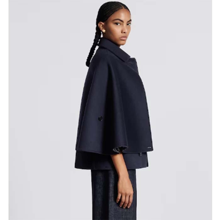 Dior Women CD Cape-Effect Peacoat Navy Blue Double-Sided Virgin Wool Silk Oblique Interior