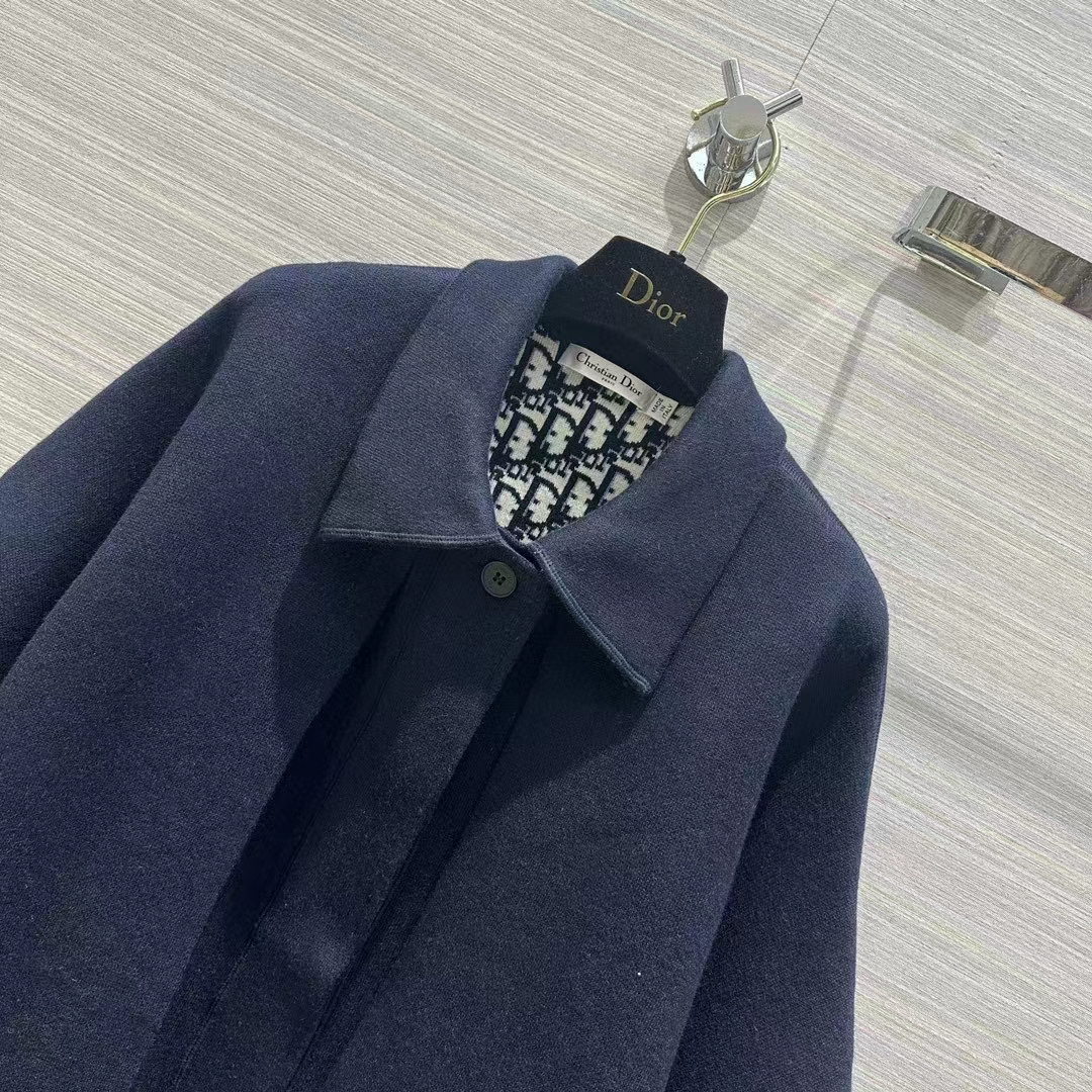 Dior Women CD Cape-Effect Peacoat Navy Blue Double-Sided Virgin Wool Silk Oblique Interior