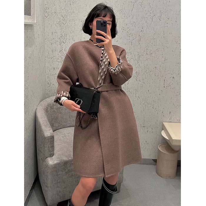 Dior Women CD Coat with Belt Brown Double-Sided Wool Dior Oblique Interior