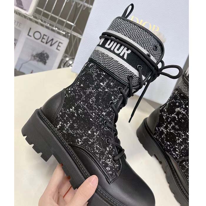 Dior Women CD D-Major Ankle Boot Black Calfskin Black White Cannage Tweed
