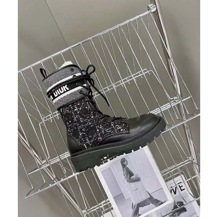 Dior Women CD D-Major Ankle Boot Black Calfskin Black White Cannage Tweed