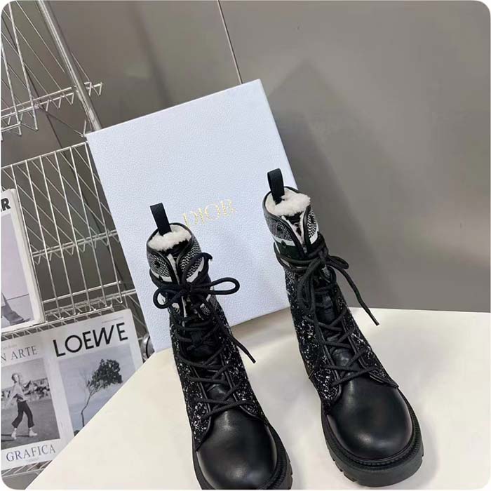Dior Women CD D-Major Ankle Boot Black Calfskin Black White Cannage Tweed