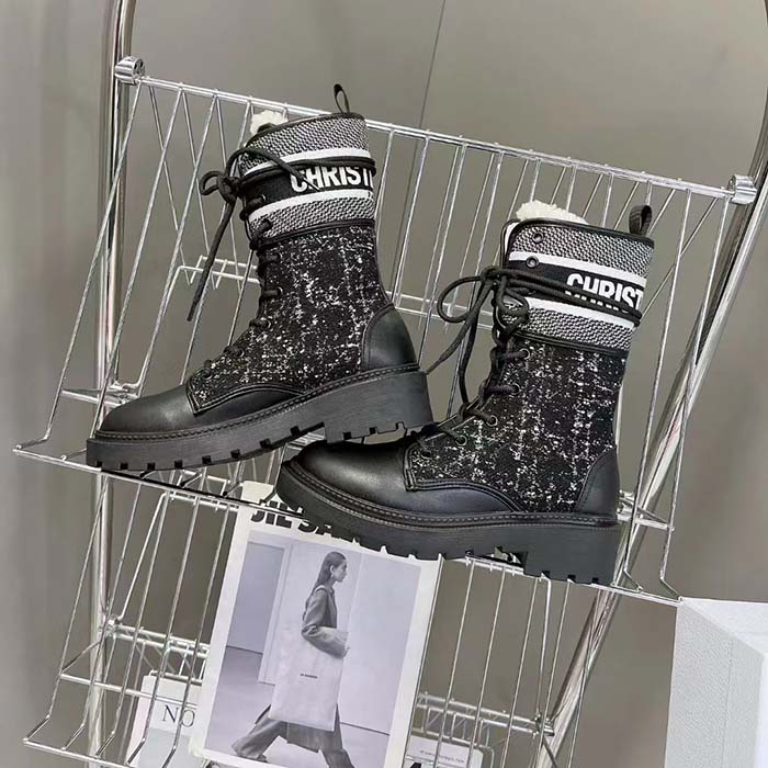 Dior Women CD D-Major Ankle Boot Black Calfskin Black White Cannage Tweed