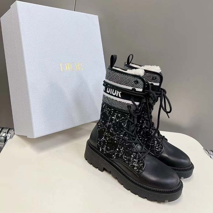 Dior Women CD D-Major Ankle Boot Black Calfskin Black White Cannage Tweed