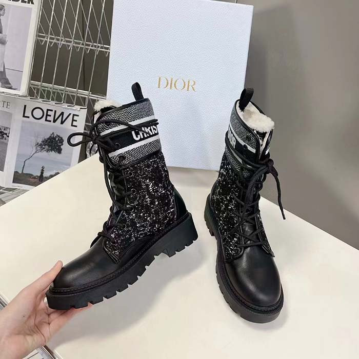 Dior Women CD D-Major Ankle Boot Black Calfskin Black White Cannage Tweed