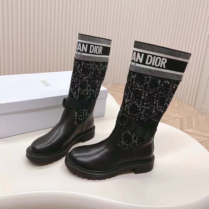 Dior Women CD D-Major Boot Black Calfskin Black White Cannage Tweed