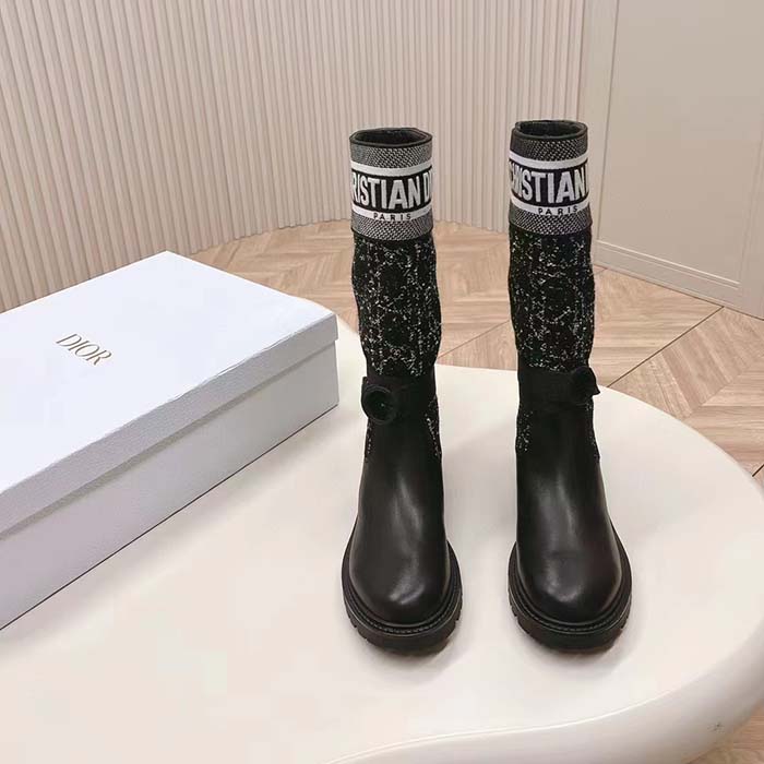 Dior Women CD D-Major Boot Black Calfskin Black White Cannage Tweed
