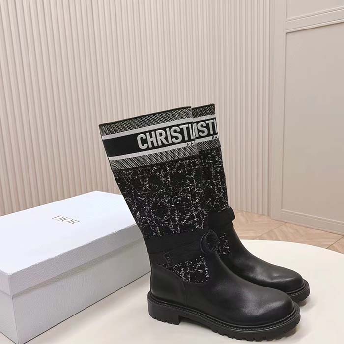 Dior Women CD D-Major Boot Black Calfskin Black White Cannage Tweed