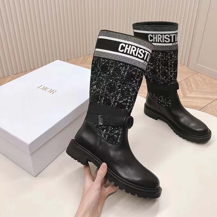 Dior Women CD D-Major Boot Black Calfskin Black White Cannage Tweed