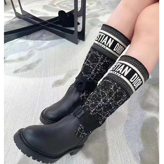 Dior Women CD D-Major Boot Black Calfskin Black White Cannage Tweed