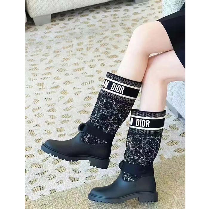 Dior Women CD D-Major Boot Black Calfskin Black White Cannage Tweed