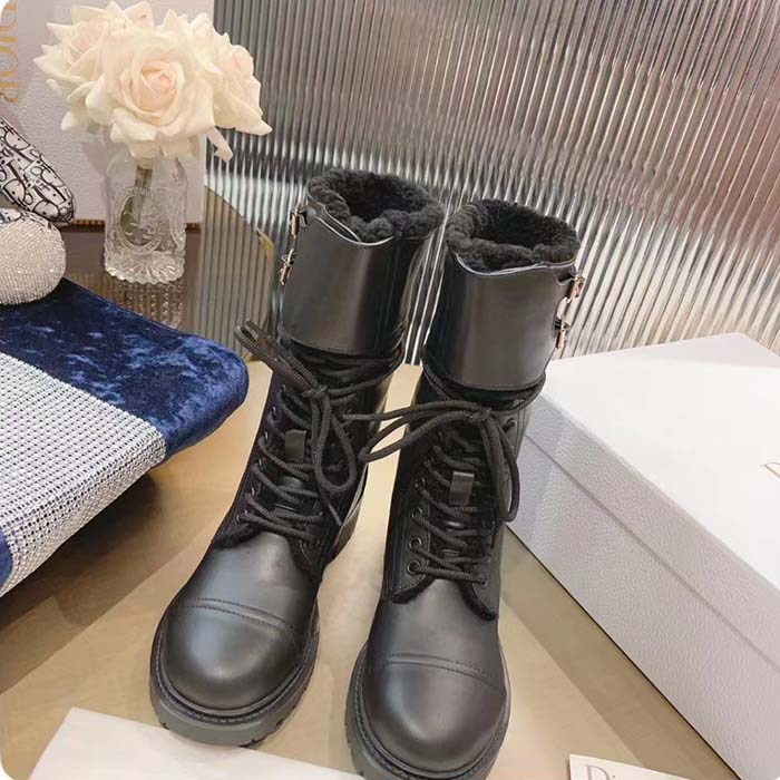 Dior Women CD D-Trap Ankle Boot Black Calfskin Shearling Strap Two Dior Buckles