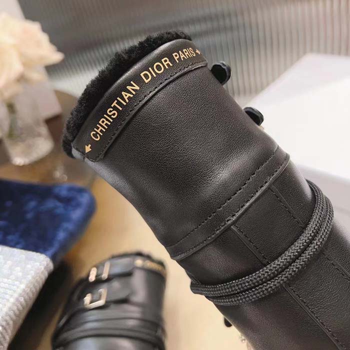 Dior Women CD D-Trap Ankle Boot Black Calfskin Shearling Strap Two Dior Buckles