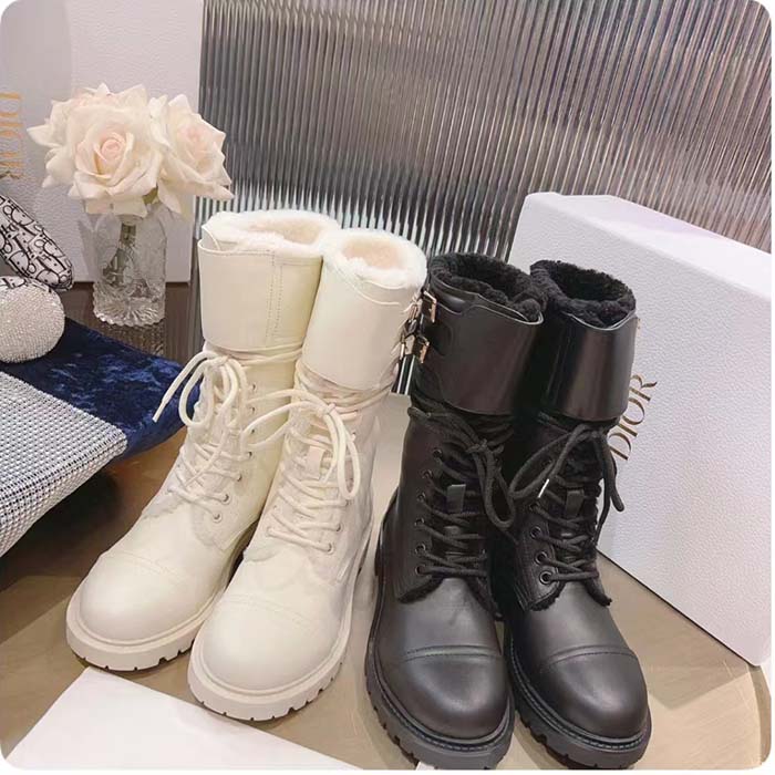 Dior Women CD D-Trap Ankle Boot Black Calfskin Shearling Strap Two Dior Buckles