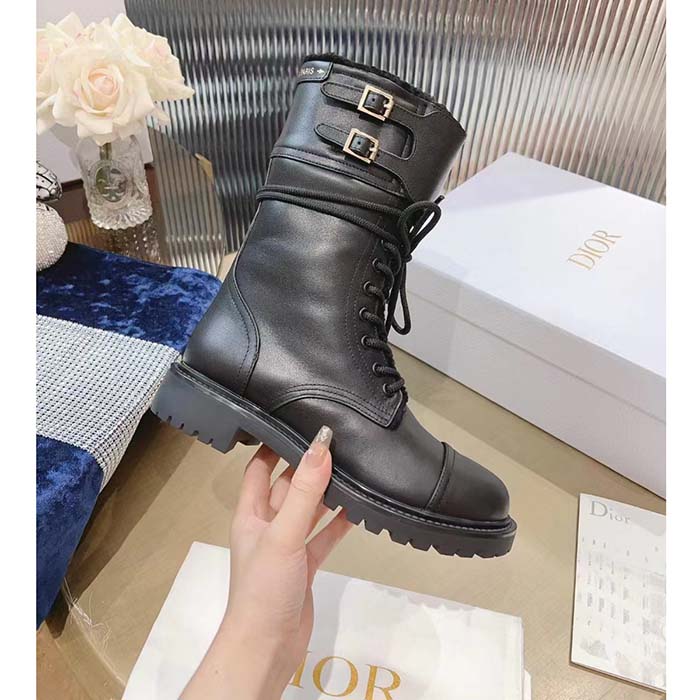 Dior Women CD D-Trap Ankle Boot Black Calfskin Shearling Strap Two Dior Buckles