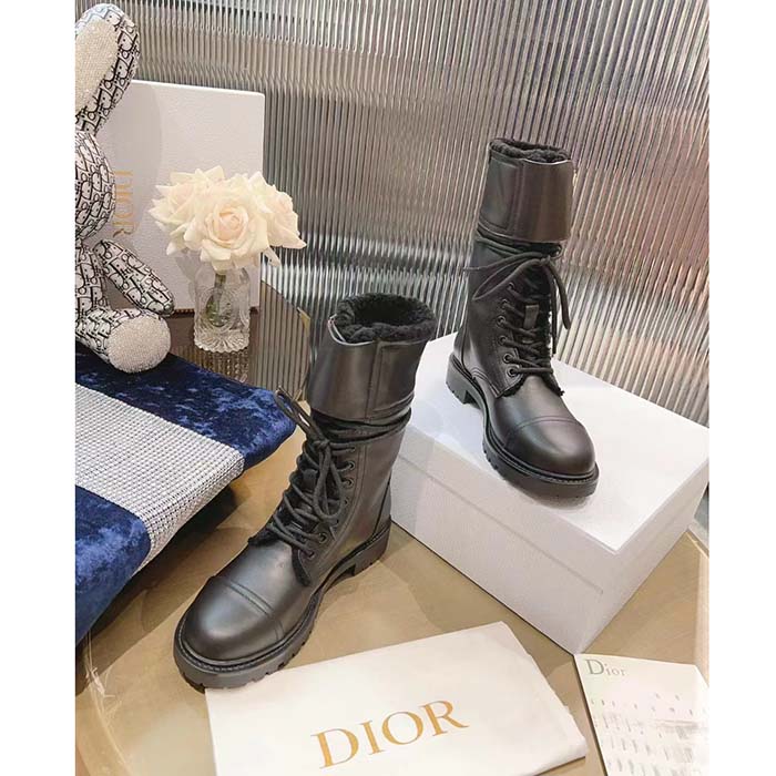 Dior Women CD D-Trap Ankle Boot Black Calfskin Shearling Strap Two Dior Buckles