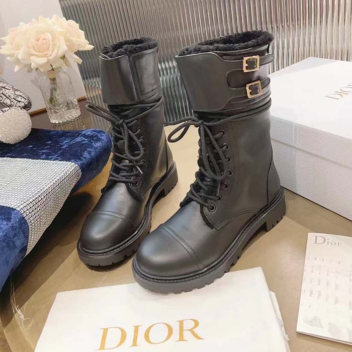 Dior Women CD D-Trap Ankle Boot Black Calfskin Shearling Strap Two Dior Buckles