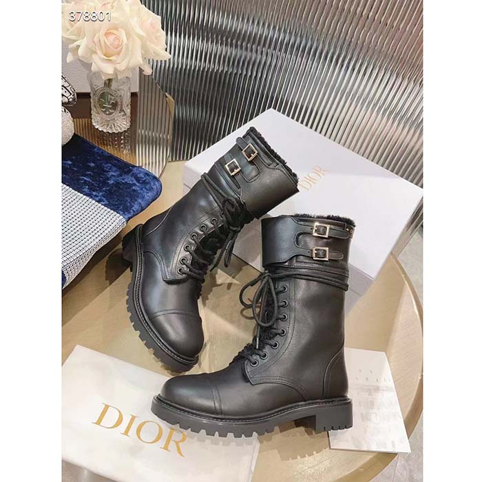 Dior Women CD D-Trap Ankle Boot Black Calfskin Shearling Strap Two Dior Buckles