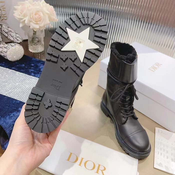 Dior Women CD D-Trap Ankle Boot Black Calfskin Shearling Strap Two Dior Buckles