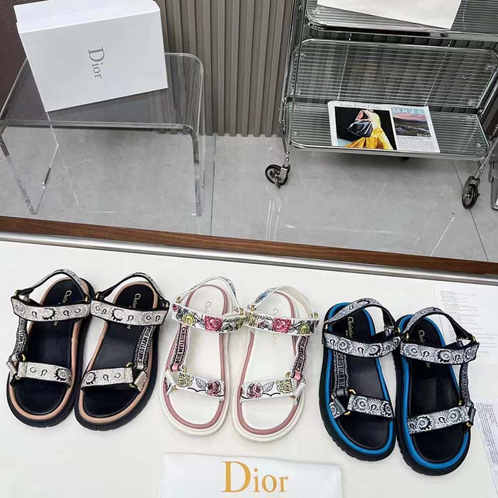 Dior Women CD D-Wave Sandal Beige Multicolor Embroidered Cotton Butterfly Bandana Motif