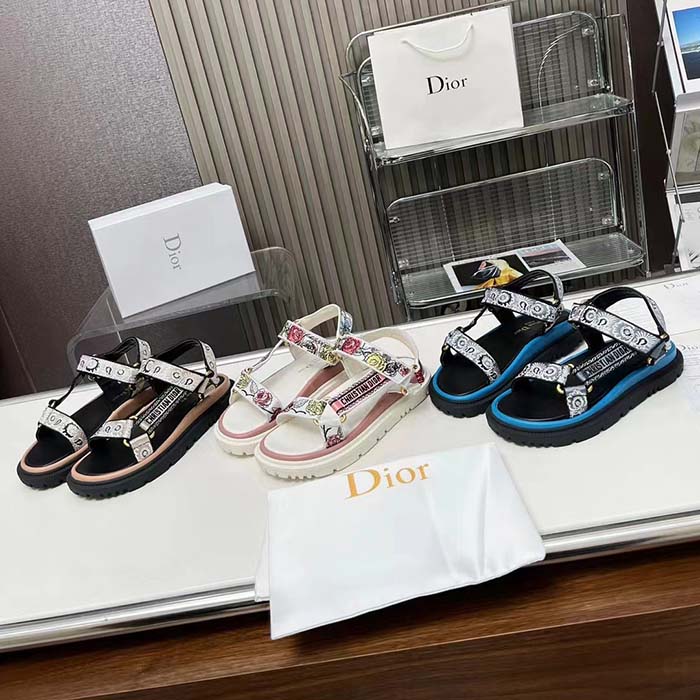 Dior Women CD D-Wave Sandal Beige Multicolor Embroidered Cotton Butterfly Bandana Motif