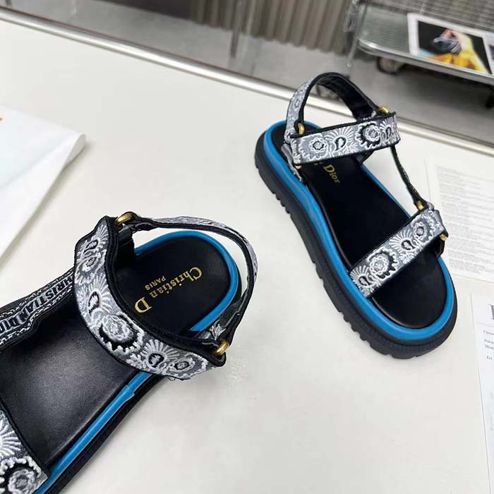 Dior Women CD D-Wave Sandal Denim Blue Multicolor Embroidered Cotton Butterfly Bandana Motif