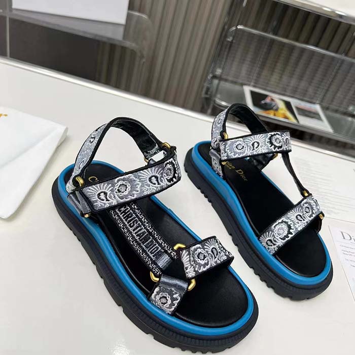 Dior Women CD D-Wave Sandal Denim Blue Multicolor Embroidered Cotton Butterfly Bandana Motif