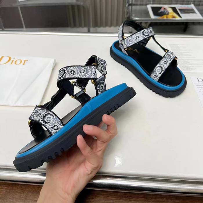 Dior Women CD D-Wave Sandal Denim Blue Multicolor Embroidered Cotton Butterfly Bandana Motif