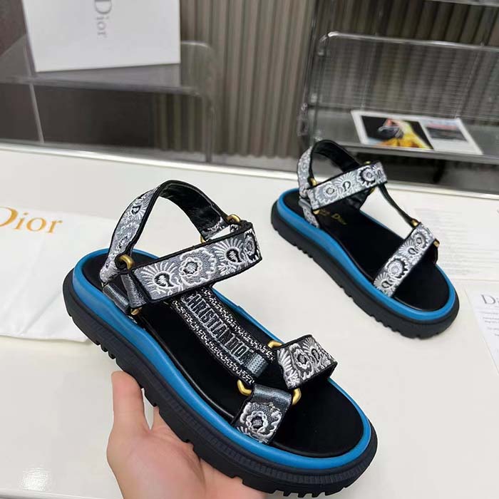 Dior Women CD D-Wave Sandal Denim Blue Multicolor Embroidered Cotton Butterfly Bandana Motif